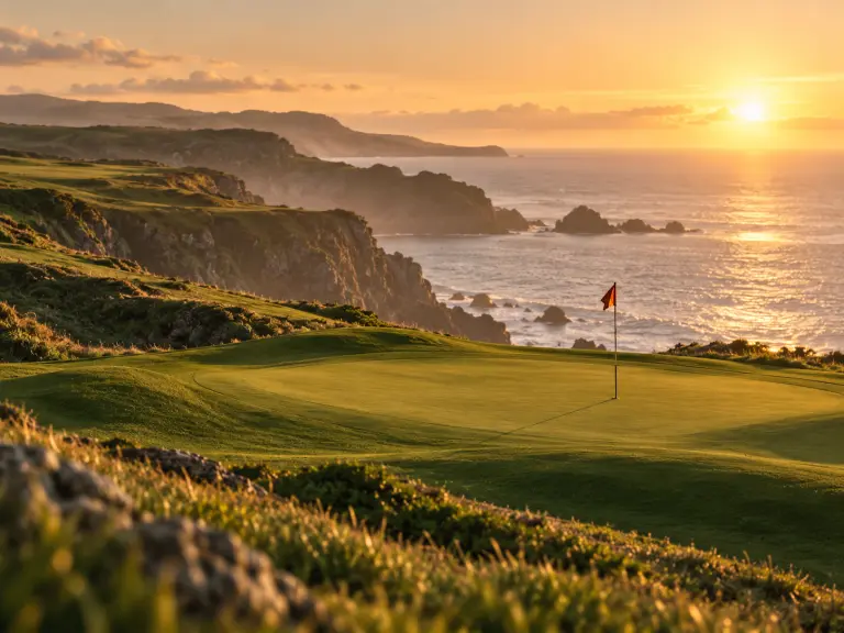 A flagstick on a green with the coastline and setting sun beyond