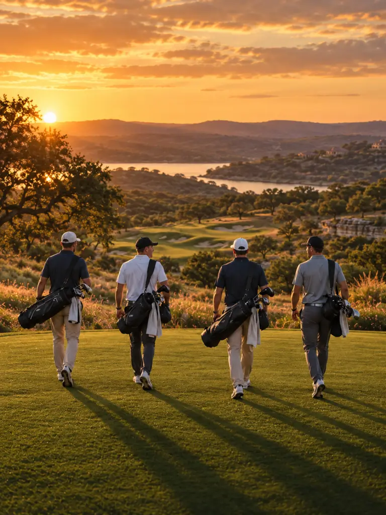Four golfers walking a fairway with their bags at sunset above a Hill Country lake