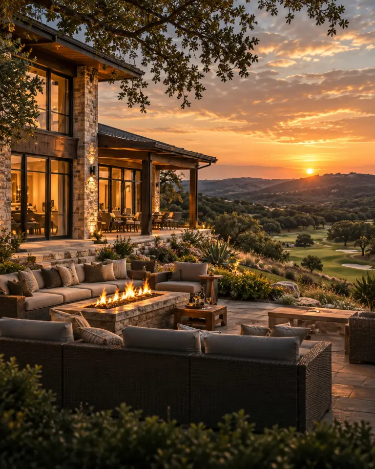 A stone rental house terrace with a lit fire pit looking out over the Hill Country at sunset
